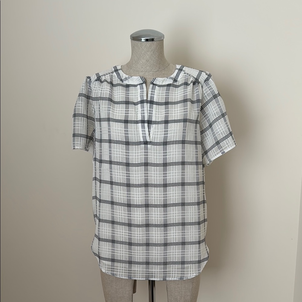 Ann Taylor Black and White Blouse Classic Plaid Design